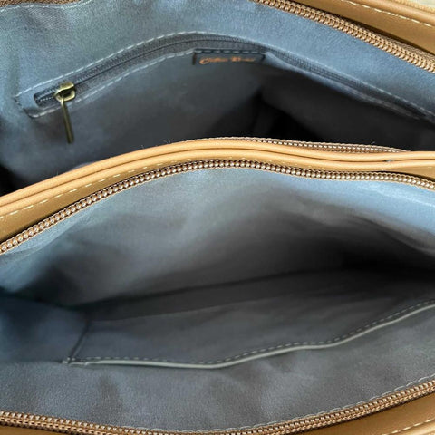 Cotton Road Khaki PU Leather Handbag with top stitch and multiple zip compartments for everyday use