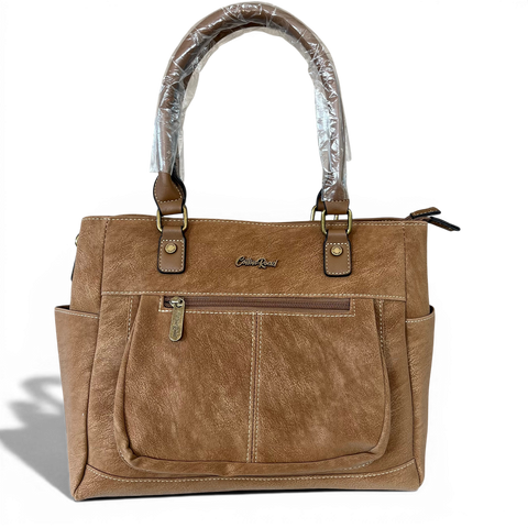 Cotton Road Handbag in khaki PU leather with top stitch, multiple zip compartments, twin shoulder handles, and antique brass hardware.