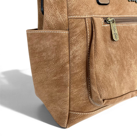 Cotton Road handbag in khaki PU leather with top stitch and antique brass hardware showing multiple zip compartments and adjustable shoulder strap