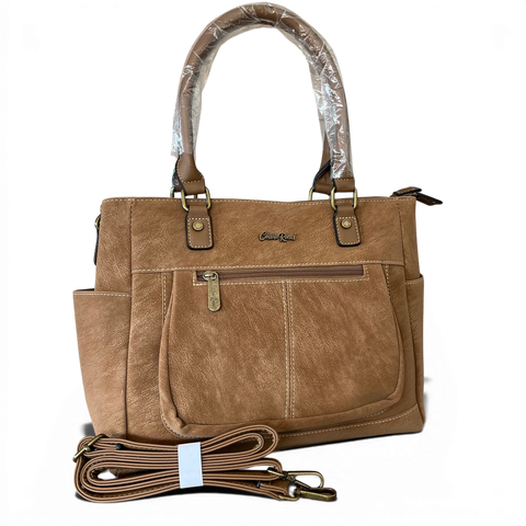 Cotton Road Handbag khaki PU leather with top stitch and multiple zip compartments