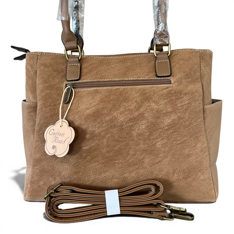 Cotton Road handbag in khaki PU leather with top stitch and antique brass hardware, featuring multiple zip compartments and adjustable shoulder strap