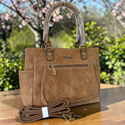 Cotton Road Khaki PU Leather Handbag with top stitch, multiple zip compartments, and adjustable shoulder strap