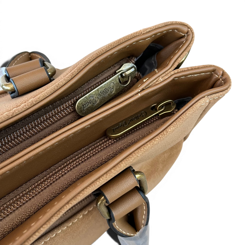 Cotton Road Handbag khaki PU leather with top stitch and multiple zip pockets