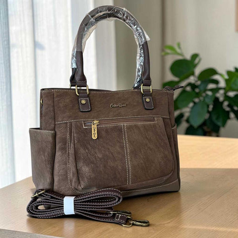 Cotton Road Handbag coffee PU leather with top stitch and multiple zip compartments