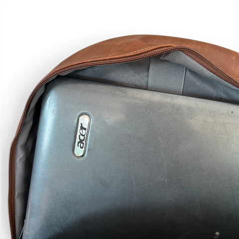 Cotton Road Laptop Bag brown PU leather backpack with embroidered Protea design and multiple compartments