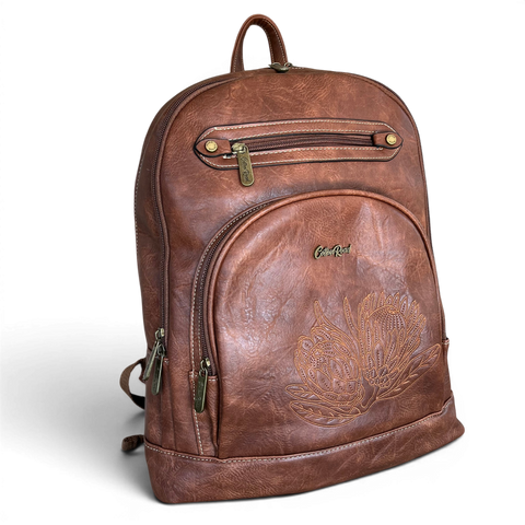 Cotton Road Laptop Bag brown PU leather backpack with embroidered Protea design and padded laptop compartment