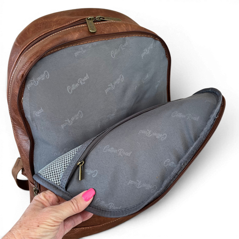 Brown Cotton Road laptop bag with embroidered Protea design and multiple compartments in PU leather