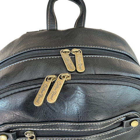 Cotton Road Laptop Bag black PU leather backpack with embroidered Protea design and multiple compartments