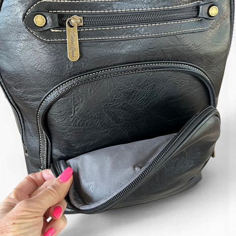 Cotton Road Laptop Bag black PU leather backpack with embroidered Protea design and multiple compartments