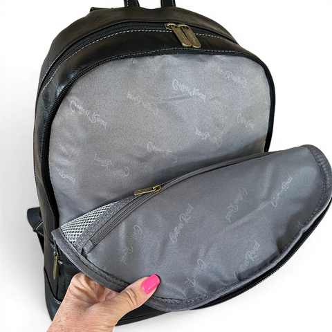 Cotton Road Laptop Bag black PU leather backpack with embroidered Protea design and multiple compartments