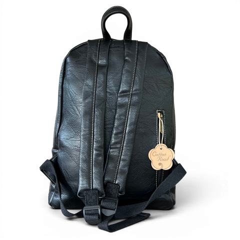 Cotton Road laptop bag black PU leather backpack with embroidered Protea design and multiple compartments