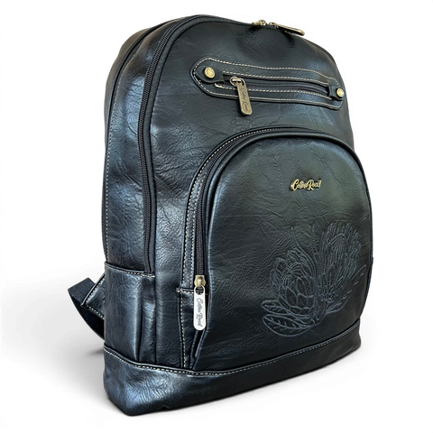 Cotton Road laptop bag black PU leather backpack with embroidered Protea design and multiple compartments