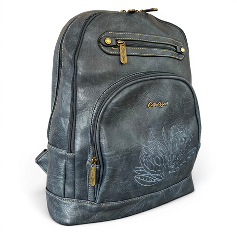 Blue Protea design Cotton Road laptop bag in premium blue PU leather with padded 15.6-inch laptop compartment and multiple pockets