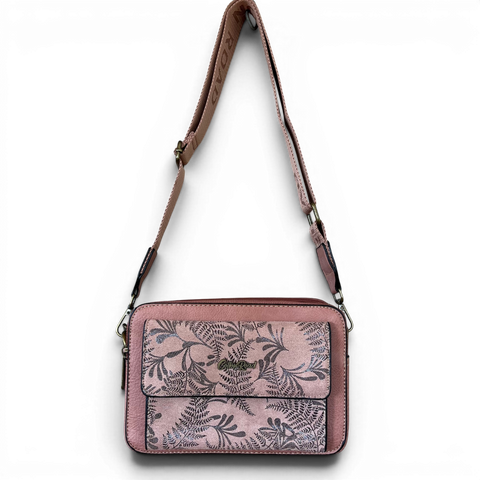 Cotton Road pink PU leather sling bag with floral pocket and branded strap