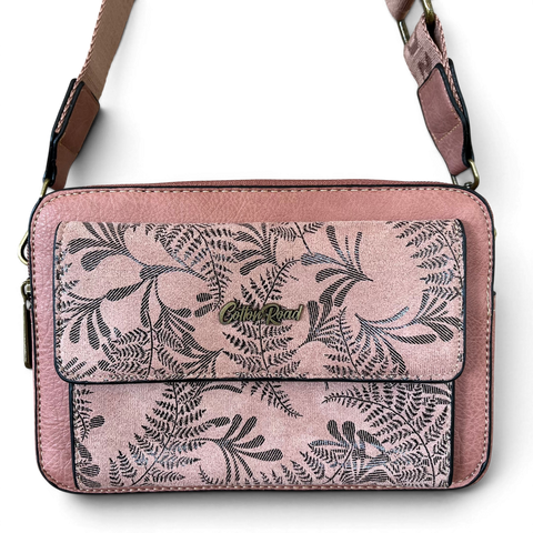 Cotton Road pink PU leather sling bag with floral pocket and branded strap