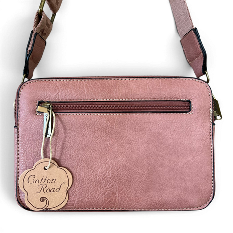 Cotton Road Sling Bag in pink PU leather with floral pocket and branded strap