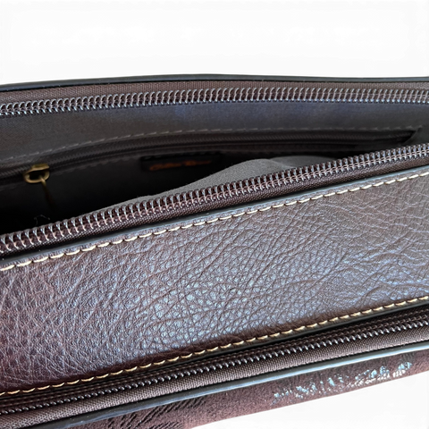Cotton Road Coffee Brown PU Leather Sling Bag with floral front pocket and branded strap