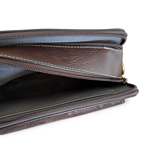 Cotton Road Sling Bag in coffee brown PU leather with floral design pocket and adjustable branded strap.