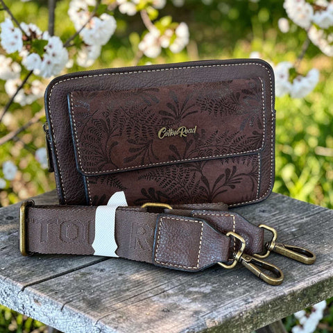 Cotton Road Coffee Brown PU Leather Sling Bag with floral pocket and adjustable branded strap