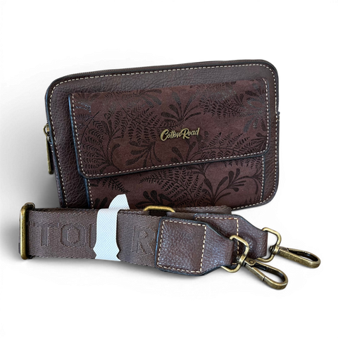 Cotton Road Sling Bag in coffee brown PU leather with floral print pocket and branded adjustable strap