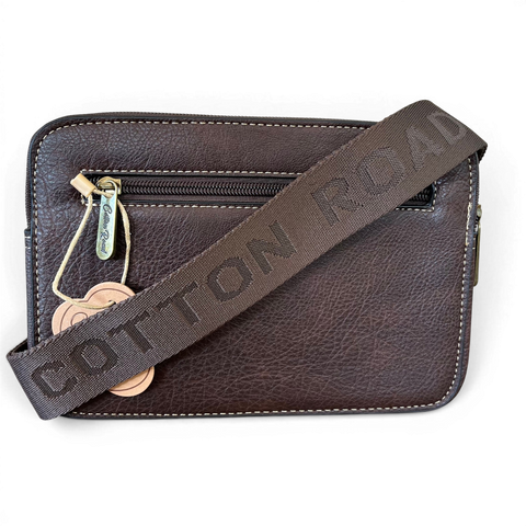 Cotton Road coffee brown PU leather sling bag with floral print pocket and adjustable branded strap