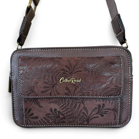 Cotton Road Sling Bag in coffee brown PU leather with floral front pocket and adjustable branded strap