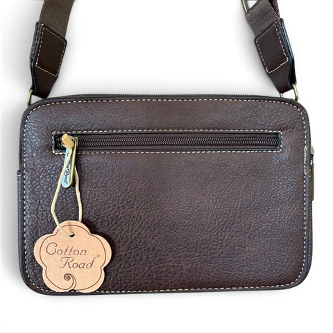 Cotton Road Coffee Brown PU Leather Sling Bag with floral pocket and adjustable branded strap