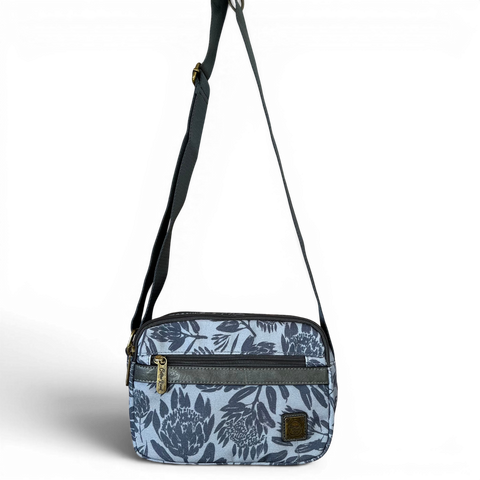 Cotton Road Sling Bag grey Protea canvas crossbody with multiple zip pockets and adjustable strap