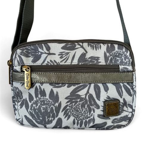 Grey Protea canvas Cotton Road Sling Bag with multiple zip compartments and adjustable strap for stylish women