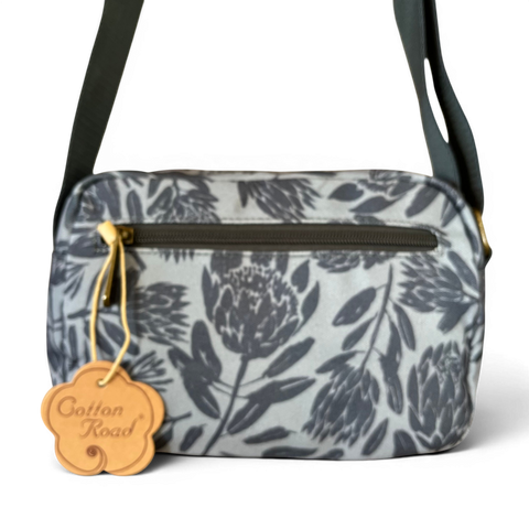 Cotton Road Sling Bag grey protea canvas crossbody with multiple zip pockets and adjustable strap