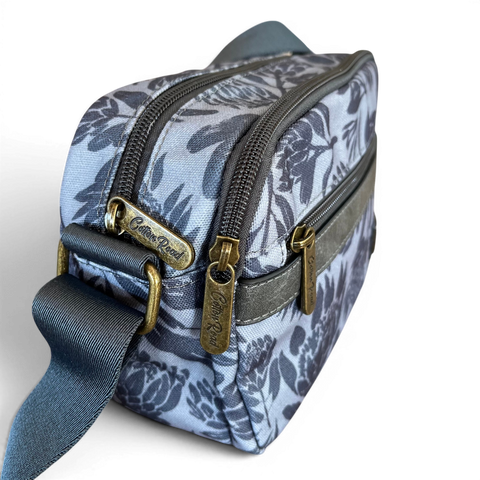 Grey Protea canvas Cotton Road sling bag with adjustable strap and multiple zip compartments for stylish women
