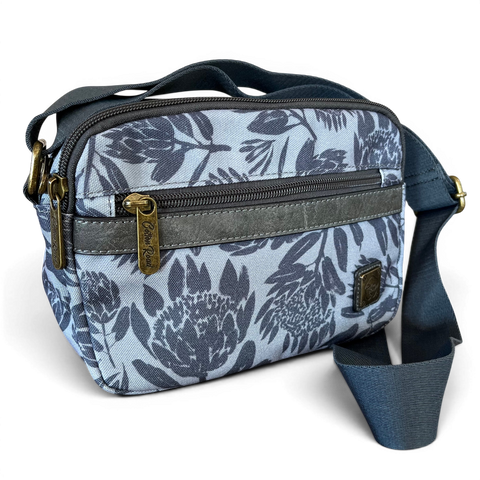 Cotton Road Sling Bag grey Protea canvas crossbody with zip compartments and adjustable strap
