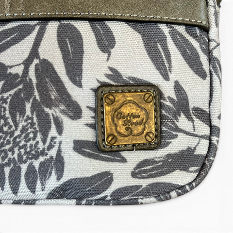 Cotton Road Grey Protea canvas sling bag with adjustable strap and multiple zip compartments