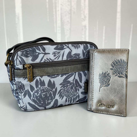 Cotton Road Sling Bag: GREY PROTEA Design Canvas Crossbody with Matching Wallet
