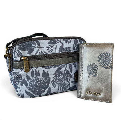 Cotton Road Sling Bag: GREY PROTEA Design Canvas Crossbody with Matching Wallet