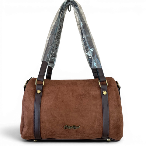 Cotton Road Brown suede-look PU leather sling bag with shoulder strap and antique brass hardware