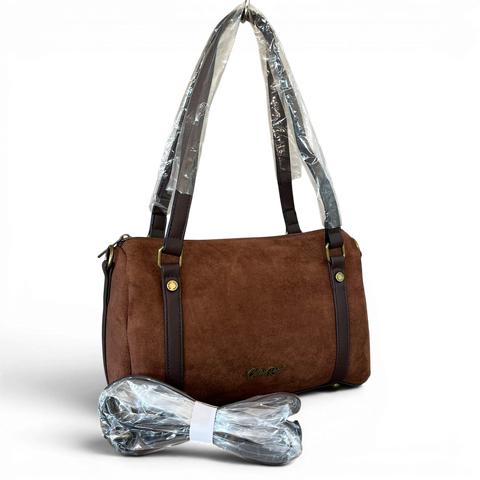 Cotton Road Sling Bag in brown suede-look PU leather with shoulder strap and antique brass hardware