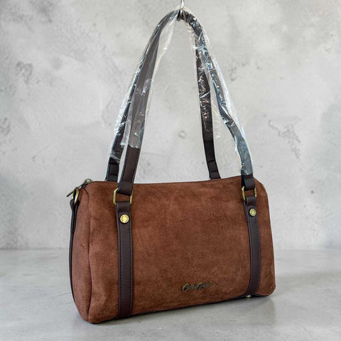Cotton Road Sling Bag brown suede-look PU leather shoulder and crossbody bag with antique brass hardware and adjustable strap