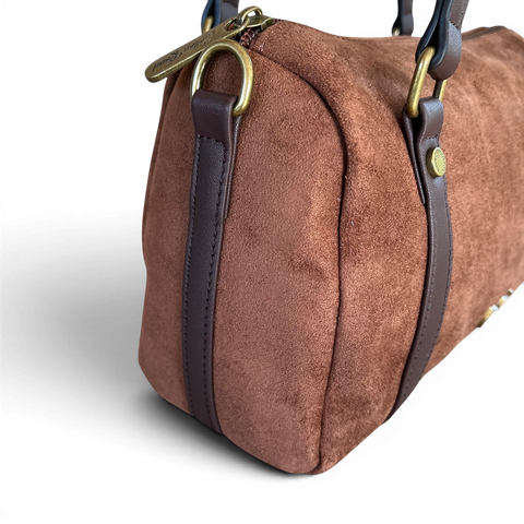 Cotton Road brown suede-look PU leather sling bag with adjustable shoulder strap and antique brass hardware