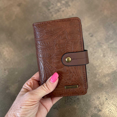 Medium brown embossed PU leather Cotton Road Wallet with clip closure and multiple card slots