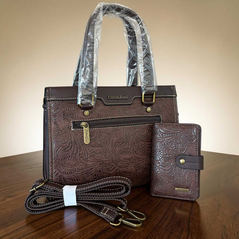 Cotton Road coffee brown embossed PU leather handbag and matching wallet set with antique brass hardware