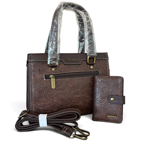Cotton Road Handbag coffee brown embossed PU leather handbag with matching wallet set