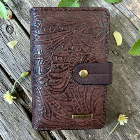 Cotton Road Wallet medium black embossed PU leather with clip closure and antique brass hardware