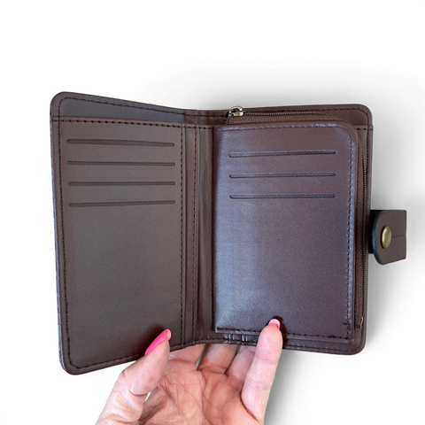 Cotton Road Wallet medium coffee brown embossed PU leather with clip closure and botanical design