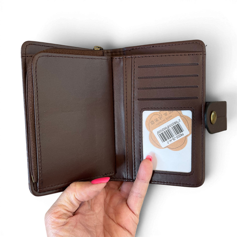 Coffee brown Cotton Road PU leather sling bag with embossed botanical design and matching wallet set