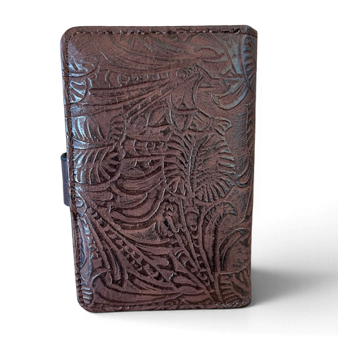 Cotton Road coffee brown embossed PU leather handbag and matching wallet set with antique brass hardware and botanical design