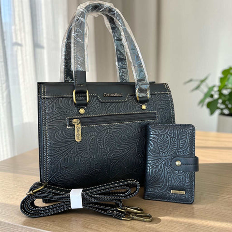 Cotton Road Handbag black embossed PU leather with matching wallet set
