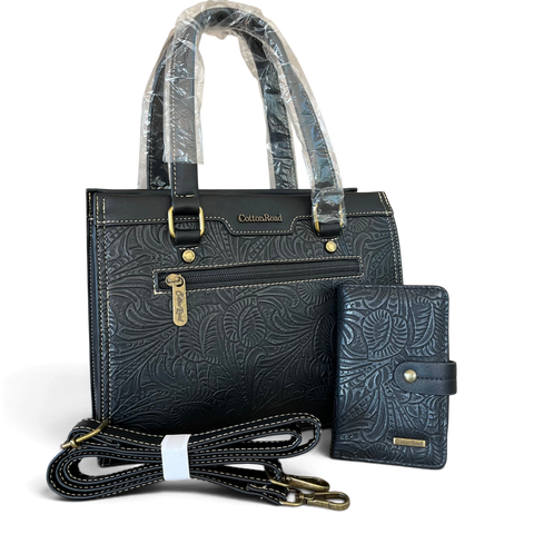 Cotton Road handbag and matching wallet set in black embossed PU leather with antique brass hardware and multiple compartments