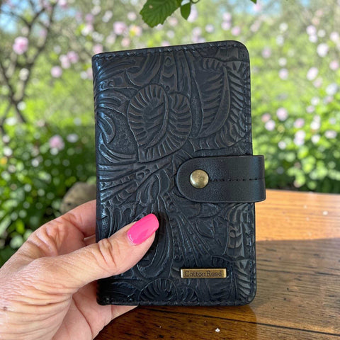 Cotton Road Wallet medium black embossed PU leather with clip closure and card slots