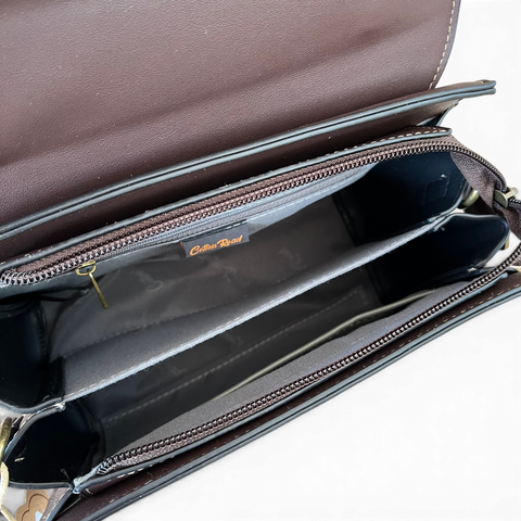 Cotton Road Handbag in coffee brown PU leather with embossed botanical panel and adjustable shoulder strap